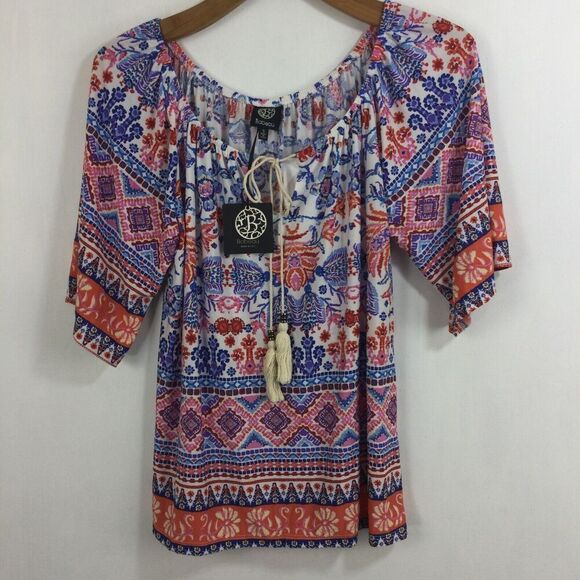 Bobeau Womens Bohemian Tassel Short Sleeve Colorful Boho Tunic Blouse Top S NWT - Picture 9 of 9